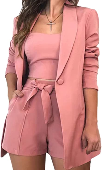 3 Piece Blazer Sets for Women Open Front Button Blazer + Crop Tops + Shorts Bottoms with Belt Business Suit Sets