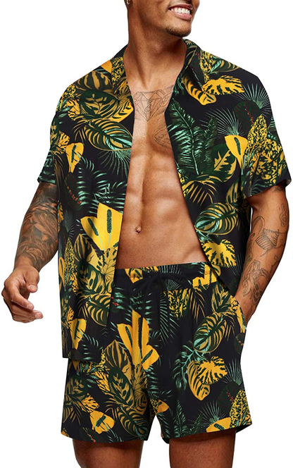 COOFANDY Men’s Flower Shirt Hawaiian Sets Casual Button Down Short Sleeve Shirt