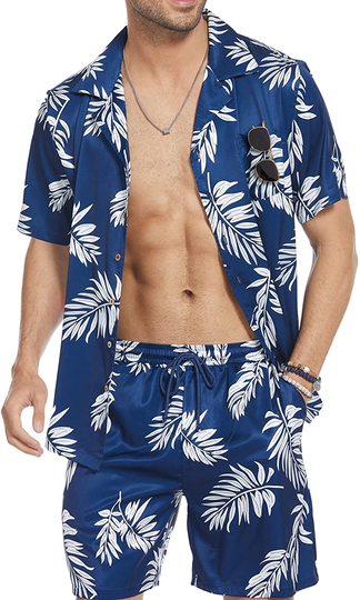 COOFANDY Men’s Hawaiian Sets Casual Button Down 2 Piece Suit Floral Pattern Printed Summer Shirt for Vacation