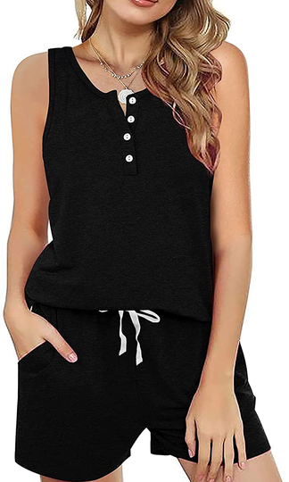 Dofaoo Two Piece Outfits for Women Button Henley Tank Short Set with Pockets