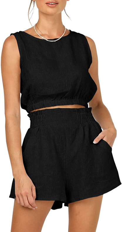 Eurivicy Women’s 2 Piece Outfits Sleeveless Crop Tank Top and High Waist Pocketed Shorts Loose Summer 2pcs Short Sets