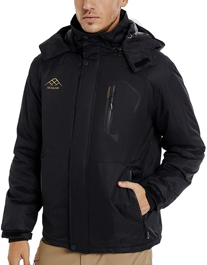 INVACHI Men’s Waterproof Ski Jacket Hooded Mountain Windbreakers Windproof Raincoat Winter Warm Snow Coat