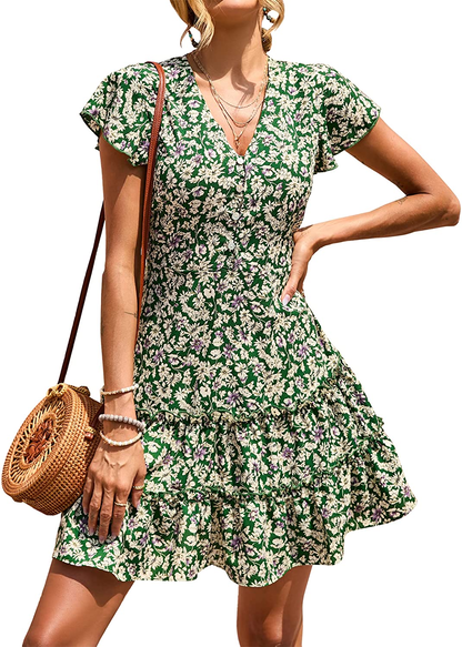 KIRUNDO Women’s Summer Hot Short Sleeve V-Neck High Waist Floral Print Mini Boho Sun Dress with Button