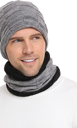 Mens Winter Beanie Hats Scarf Set Warm Knit Hats Skull Cap Neck Warmer with Thick Fleece Lined Winter Hat & Scarf for Women