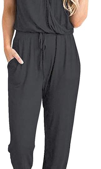 PRETTYGARDEN Women’s Summer Casual Deep V Neck Short Sleeve Wrap Drawstring Waist Jumpsuit Romper