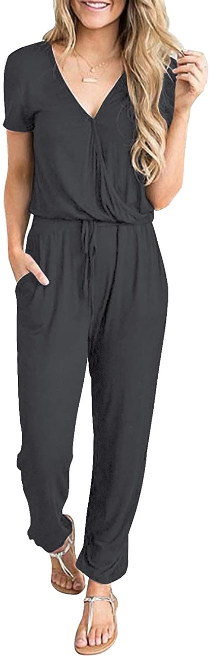 PRETTYGARDEN Women’s Summer Casual Deep V Neck Short Sleeve Wrap Drawstring Waist Jumpsuit Romper